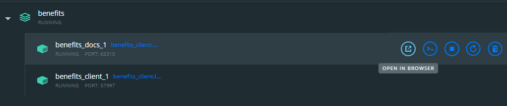 Screenshot showing the "Open in Browser" button for a service in Docker Desktop